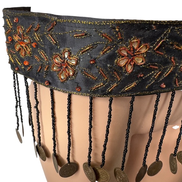 Belly dance Beaded Coin Belt Brown Gold Floral Embroidered Boho Hip Scarf Tier - Picture 8 of 8